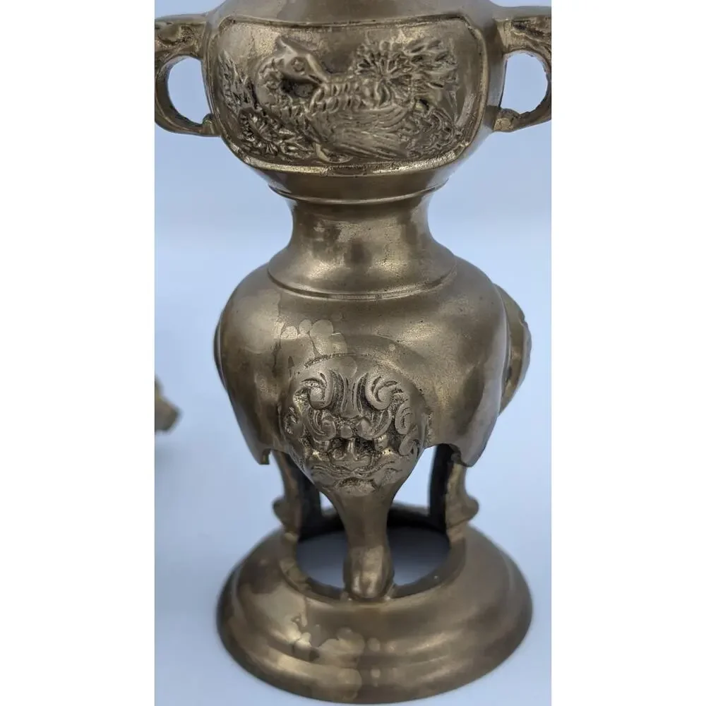 Ornate Oriental Brass Candle Holders Set of 3 - Flowers Birds Fu Dogs